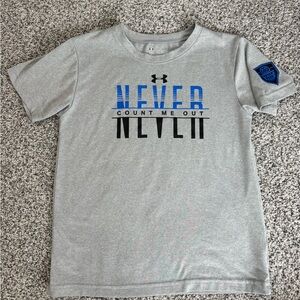 Under Armour Gray Tee with Blue & Black 'Never' Graphic